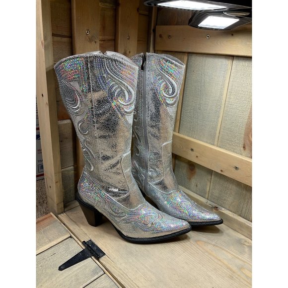 US9 Silver Sequin Faux Leather Party Western Boots NEW with minor marks - Picture 1 of 10